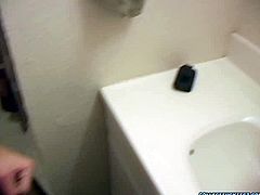Slutty girl with big boobs is pleasing dude's cock at the party. She sucks his dick in the toilet showing off her awesome blowjob skills.