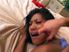 Raven haired Asian babe with big ass and fine rack gets her tight butthole brutally railed doggystyle. Then she takes that massive dick up her ass on her side from behind.