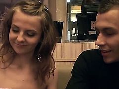 Young naughty amateur amateur Zanna with tight firm ass and pretty face in sexy black dress goes with stranger in public toilet and pleasures him for some cash in point of view.