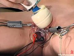 Hot girl strips her clothes off and lies down on a hospital chair. After that she gets her pussy and tits tortured with electricity. Then she also gets toyed.