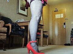 Sissy Ray in Red Miniskirt and Black Fishnet Stockings
