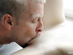 With small tits and bald pussy puts her soft lips on guys rock hard meat pole