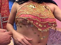Check out this sexy curry loving brunette! She's a hot, busty Indian whore that's addicted to white cocks. The guy she's with satisfies her sex cravings and feeds her with his dick. She allows him to grope her big, healthy boobs and then sucks him dry. Maybe his dick tastes like curry because she's mad for it!