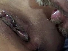 Sweet looking brunette spreads legs wide and enjoys tongue job by her sensual boyfriend. Later she sucks his cock and gets her snatch fucked in cowgirl position.
