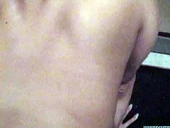 Charming young chick polishes stiff cock of elder dude and gets her pussy fucked in doggy style position. She looks pretty and sextractive. Enjoy her curvy body for free.
