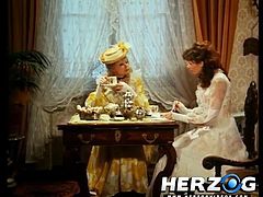 These elegant Victorian ladies are serving a snack and a cup of coffee. They behave like real ladies, until they talk about sex. One even gapes her hairy pussy, showing her friend, that she needs cock. The servant seems to be perfect for their needs, so the cuties forget their manners, until they're caught!