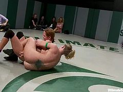 Nude chicks fight in the ring in public. They get so damn horny that start to lick each others sweaty pussies.