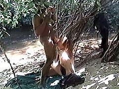 A horny black dude is having fun with some skank outdoors. They have passionate oral sex and then fuck in cowgirl and other positions on the ground.