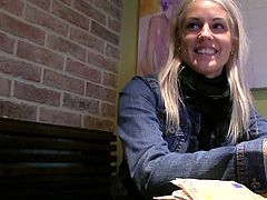 Blonde chick with beautiful face and fine body meets kinky dude in a coffee shop. He offers her money if she'd give him a head. So they head to the public restroom.