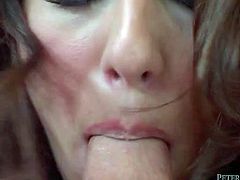 This brown-haired slut is so impressed by the size of her lover's dick that she can't resist trying it out. She sucks it greedily to get it hard and ready. Then he fucks her muff in doggy position.