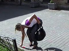 Hot blonde girlfriend gets kinky on public as she sucks her man's cock outdoors. But that's not all, she also bends over and gets her pussy fucked once she's indoors.