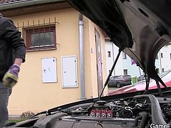 Tomm called in for a guy, to fix his car, but when he saw him, he thought that he's good at something else except mechanics! The pretty brunette guy raised Tomm's cock, so he invited him in the house, where he offered his dick. Tomm sucked the mechanic, but will he receive a load and a bill?