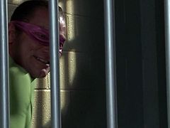 Dirty wench is wearing fancy dress. She visits freak nerds in a jail. The guy is wearing funny costumes looking way more ridiculous than her. he thrusts his dick up in the air so she sucks him deepthroat.