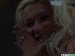 Trashy blonde hoe takes meaty cock in her mouth. Brutish stud thrusts hard pecker deep in her throat until she starts gagging. He gives her chance to sip air and thrusts again. Hardcore deepthroat fucking scene presented by Team Skeet production.