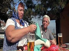 Incredible hot outdoor wicked game where nasty blonde chick gets screwed by a perverted grandad as granny is  watching and touching her old cunt and big boobs.