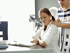 Creampie Angel brings you an amazing free porn video where you can see how a pigtailed brunette teen gets banged at the office til she reaches a breathtaking orgasm.