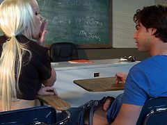 Sexy blonde wearing student uniform blows dick of one bad guy. She jerks off his penis and sends it deep in her throat with only one desire to get cum load.