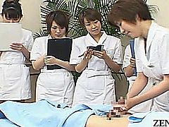 The booming Japanese relaxation industry has spawned countless types of spas some geared towards men who wish to look beautiful down south such as shown in a training demonstration at the CFNM handjob beauty salon where clothed trainees take notes while watching a sample treatment with subtitles
