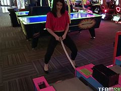 Watch this hottie taking that large cock of her friend in her sexy and small mouth during a pool table game in Team Skeet sex clips.