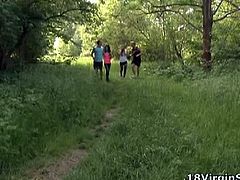 These two barely legal babes took a walk through the woods with two guys. They took a break and things got hot between them. Both got banged hard and jizzed.