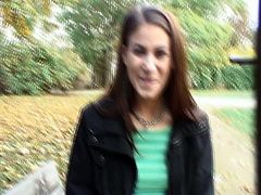 Watch this young brunette sweet babe with nice round tits and big nipple in this outdoor video, where you will see her sucking a huge cock on her knees and getting hard pounding behind the trees in the garden.