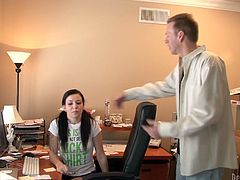 Lovely dark haired teen gives amazing blowjob to her master while his wife's at work. Watch that young beauty deepthroating big dick on her knees.