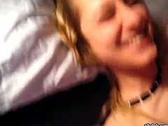 Lustful blonde girl is pounded deep in her shaved pussy in a missionary position. She then stands on her all four while getting screwed deep in her cunt doggy style.