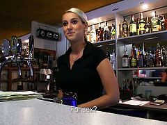 She serves drinks at the bar and if you offer her some extra tips, she will serve your huge cock with her sweet mouth! POV magic!