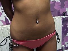 Slim brunette girl in pink bikini drops to her knees and sucks the guy off. Later on she takes that cock in her hot pussy.