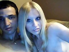 Kinky blondy has got small tits and tight pussy. She flashes her privates. Frisky babe fondles her cherry intensively. She then gets her coochie polished by thirsty BF.