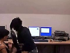 This girl is caught for nosing in others private e-mails so a cat fight starts, slapping and spanking all over. When their boss arrives the fight turns into a wild fuck for him.