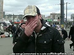 Horny dudes with a camera are on the prowl and since it's too cold outside they visit a cafe and find a brunette hottie willing to go to the bathroom and have her first anal experience for cold hard cash.