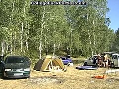 Stunningly beautiful dark haired Euro teen takes off her clothes and gives her boyfriend blowjob in tent. Then slender babe gets her shaved coochie fucked doggystyle.