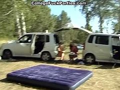 Stunningly beautiful dark haired Euro teen takes off her clothes and gives her boyfriend blowjob in tent. Then slender babe gets her shaved coochie fucked doggystyle.