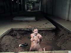 How do you describe a girl thrown into a mud pit blindfolded so she can be toyed and forced to suck two cocks before being removed for sex and more toying?