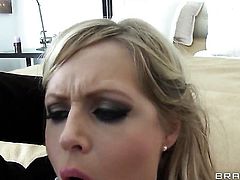 Darcy Tyler with giant jugs lets Keiran Lee stick his thick meat stick in her mouth