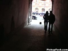 This young European couple was out for a walk but were so horny they ducked into the first dark ally they saw and in minutes she was on her knees and sucking his hard dick.