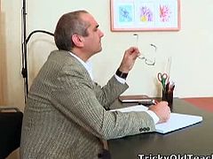 Angelica thinks she might be in trouble because her teacher called her in his office, but in fact he wants to fuck her hard and nothing else. He's an old perv with a thing for teens.