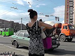 Outdoor scene with a young girl in sexy dress