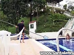 This slim Colombian babe takes her clothes off and goes into the pool. The pool boy sees her and he approaches her. She loves the way he sucks on her nipples and takes his cock in her tight fanny.