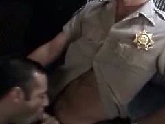 Dino Serrano is wearing his sexy policeman uniform when David Edge goes down on him, making his cock stiff. David also feeds on Dino's ass hole, not just on his cock.