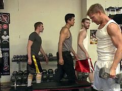 Morgan Black, Dayton O'Connor and other poofters are playing BDSM games in a gym. The gays bind and blindfold one of them, tie a dumbbell to his dick and then mouth-fuck him by turns.