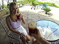 Super sexy blonde Natalie Starrs gets surprised by a male visitor. She gives him a cool drink to quence his thirst. She starts to caress his huge cock then. She then ask his cum as her drink to quench the thirst on a sunny afternoon.