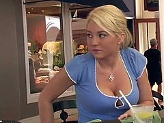 Get wild watching this blonde doll, with natural tits wearing a white miniskirt, while she gets erotic and exposes her body in public.
