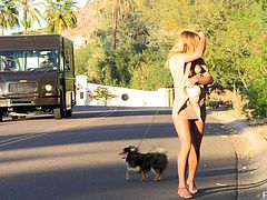 Click to watch this blonde babe, with natural boobs while she walks her dog and masturbates in the middle of the street, She is a sweet angel!