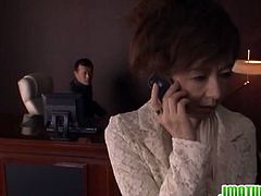 Kei is a hard working mature Japanese women and she takes her work very seriously. A phone call changes everything as she begins to act very weird. She starts being horny and undresses showing a pair of saggy tits and a hot pussy she rubs with lust. How far will she go with her masturbation?