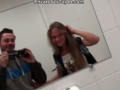 Check out this lucky dude and his stunning blonde girlfriend. She sucks on his big schlong and takes it right inside her tight shaved pussy for a huge cumshot in her mouth!