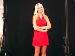 Blonde bombshell Alison Angel lifts up her dress, spreads her legs wide open and shows her flawless shaved pussy while pulling out her great tits.
