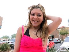 Naughty blonde babe takes her t-shirt and shorts near her house. She sits down on a pavement and starts to fondle her smooth pussy. She does not really care that neighbors can see her. They get used to her extravagance.
