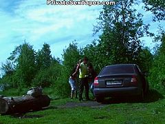 Curly haired well graced seductive strumpet rests on car hood in forest, horny dude comes up to her and she set to swallow his long cream stick deep throat. Watch this awesome blowjob in WTF Pass porn clip!